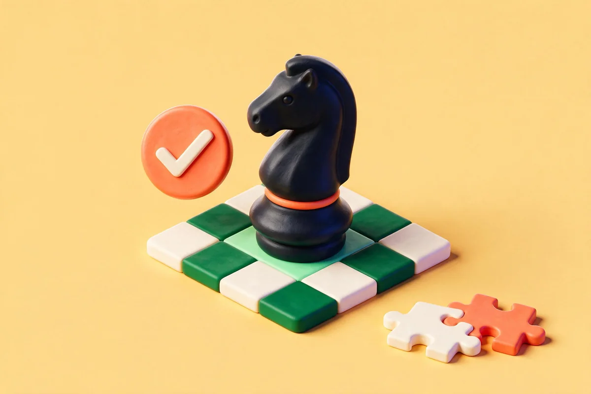 A knight landing on a highlighted square beside a checkmark and two puzzle pieces clicking together