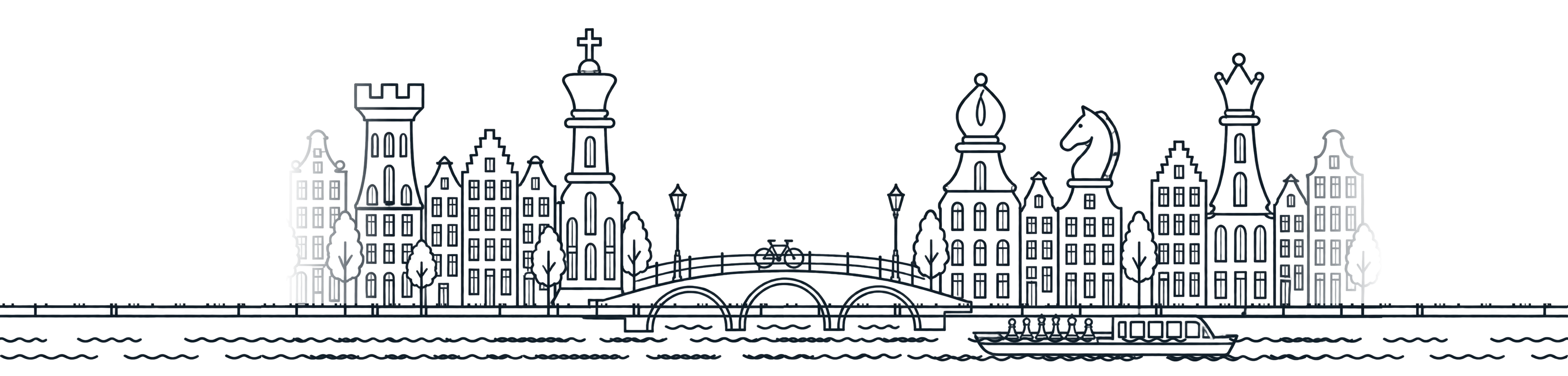 Line drawing of Amsterdam canal houses with chess-piece towers, an arched bridge and a canal boat carrying a chessboard.
