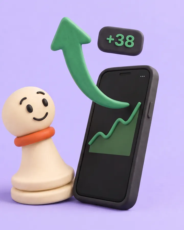 The same clay pawn, smiling, as one clean green arrow rises out of the phone to a +38 rating chip.