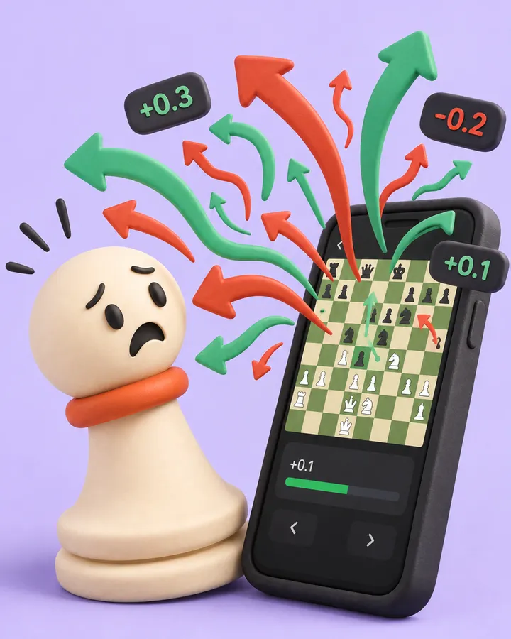 A worried clay pawn next to a phone, buried under a burst of engine arrows and evaluation numbers.