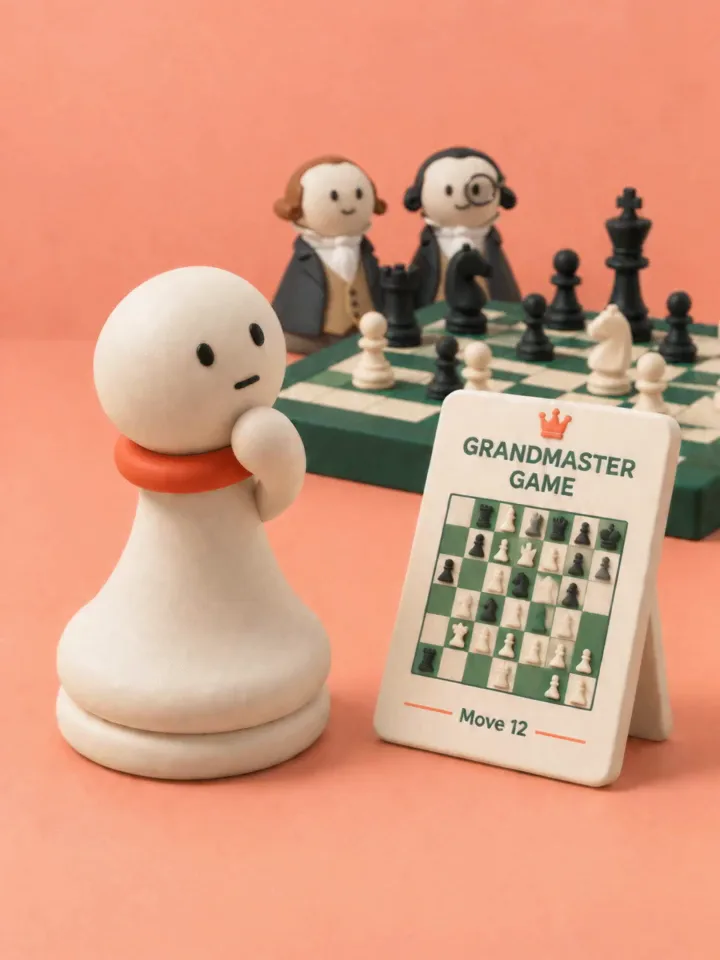 A thinking clay pawn beside a card reading “Grandmaster game, move 12”, with two clay grandmasters seated behind the chessboard.