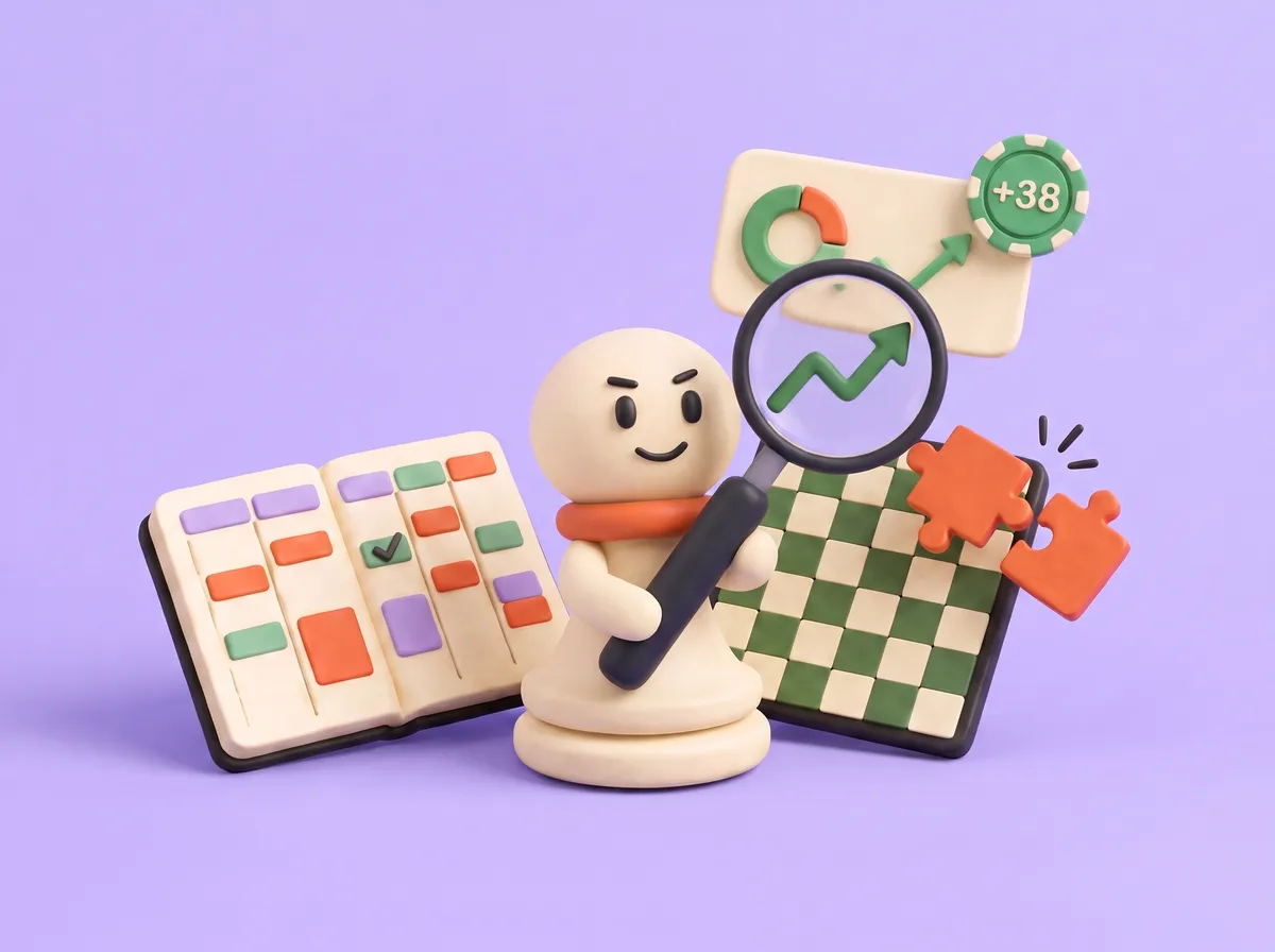 A determined clay pawn holding a magnifying glass over a rising green trend line, between a colour-coded study planner and a chessboard with orange puzzle pieces, under a card showing +38.